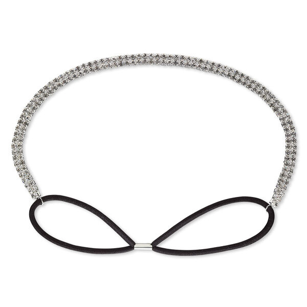 Headband, stretch, glass rhinestone / nylon / silver-plated brass, black and clear, 8mm wide with cupchain, 22-28 inches. Sold individually. image number 0