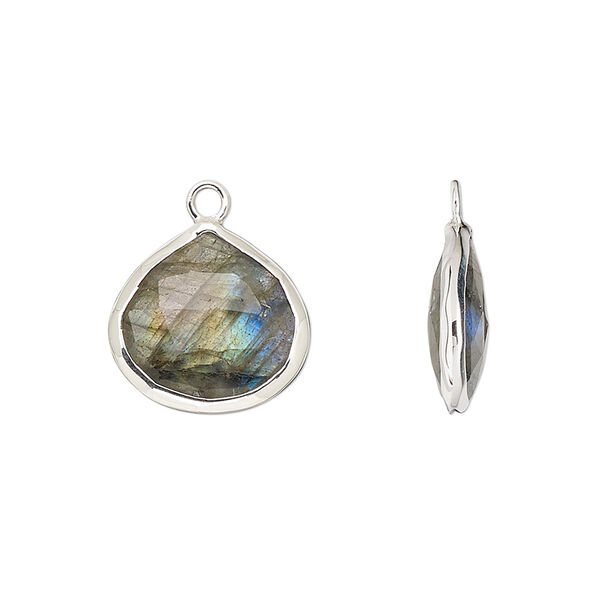 Drop, labradorite (natural) and sterling silver, 15mm double-sided faceted teardrop. Sold per pkg of 2. image number 0