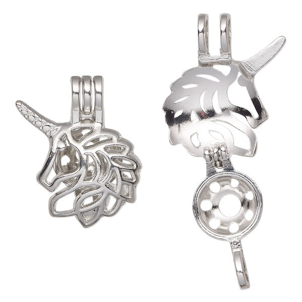 Pendant, imitation rhodium-finished "pewter" (zinc-based alloy), 26x22mm single-sided unicorn bead cage, fits up to 8mm bead. Sold individually. image number 0