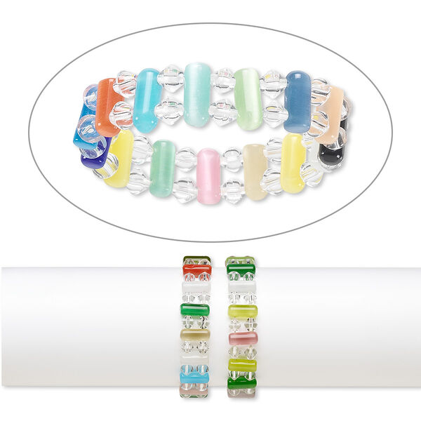 Bracelet, stretch, glass and cat's eye glass (fiber optic glass), multicolored, 6mm bicone and 13x6mm tube, 6 inches. Sold per pkg of 2. image number 0