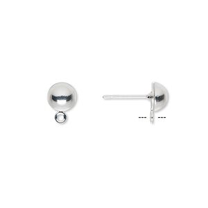 Earstud 1pkg100 silver-plated, 6mm half-ball / closed loop, brass / stainless steel 50 pair