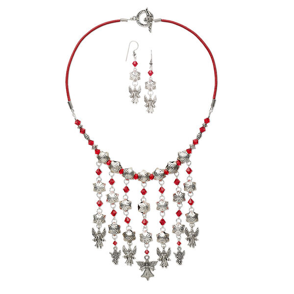 Necklace and earring set, One of a Kind Jewelry, crystal and antique silver-plated brass, light Siam, 18 inches. Only one available. image number 0