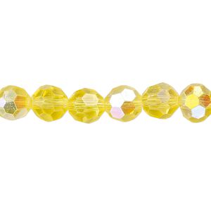 Bead, glass, 32-facet, translucent yellow AB, 8mm faceted round. Sold per 15-1/2" to 16" strand.