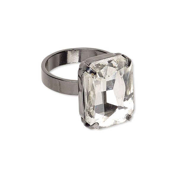 Ring, glass and gunmetal-finished brass, clear, 18x13mm rectangle, size 8. Sold individually. image number 0