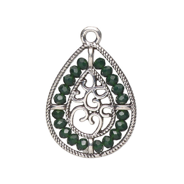 Drop, antique silver-finished "pewter" (zinc-based alloy), emerald green, 27.5 x 21.5mm teardrop with hearts and beaded border. Sold per pkg of 2. image number 0
