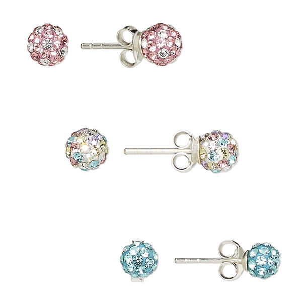 Earstud, Preciosa Czech glass rhinestone / epoxy / sterling silver, assorted colors, 5mm and 6mm round with post. Sold per pkg of 3 pairs. image number 0