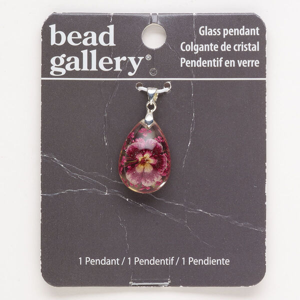 Pendant, silver-finished "pewter" (zinc-based alloy) and lampworked glass, multicolored, 24x17mm teardrop with flower. Sold individually. image number 0