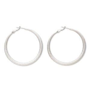 Earring, imitation rhodium-plated brass and "pewter" (zinc-based alloy), 2-inch round hoop with etched scalloped design and latch-back closure. Sold per pair.