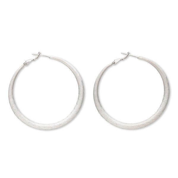 Earring, imitation rhodium-plated brass and "pewter" (zinc-based alloy), 2-inch round hoop with etched scalloped design and latch-back closure. Sold per pair. image number 0