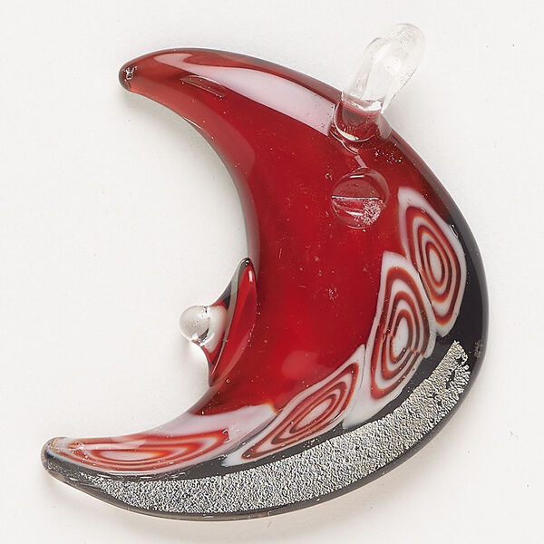 Focal, lampworked glass, opaque red / black / white, 42x36mm-44x37mm moon face with silver-colored foil. Sold individually. image number 0