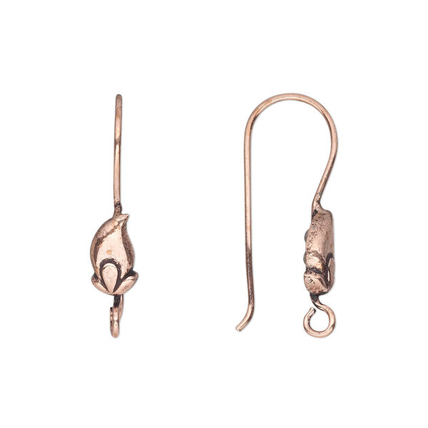 Ear wire, antiqued copper, 28mm fishhook with 10x5mm leaf and open loop, 20 gauge. Sold per pkg of 5 pairs. image number 0