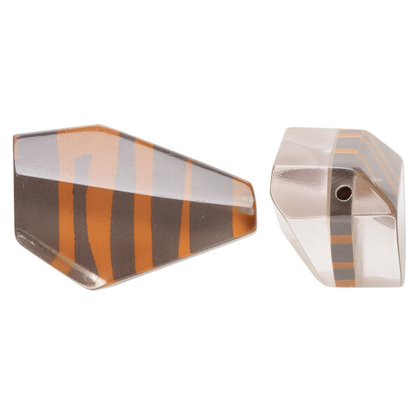 Bead, resin, clear/orange/brown, 36x23mm irregular polygon with zebra stripes. Sold per pkg of 2. image number 0