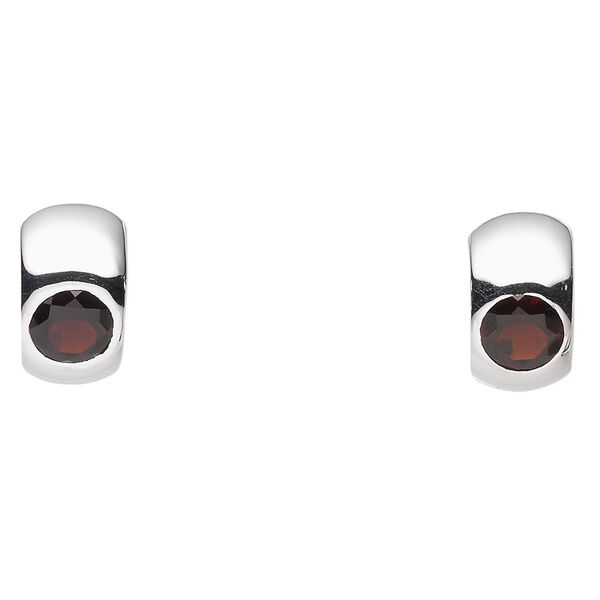 Earring, garnet (natural) and sterling silver, 15x9mm round hoop with 6mm faceted round and hinged closure. Sold per pair. image number 0