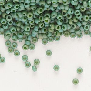 Seed bead, Miyuki, glass, pkg/250g, #11 rocaille, opaque matte rainbow turtle green, (RR-4699).