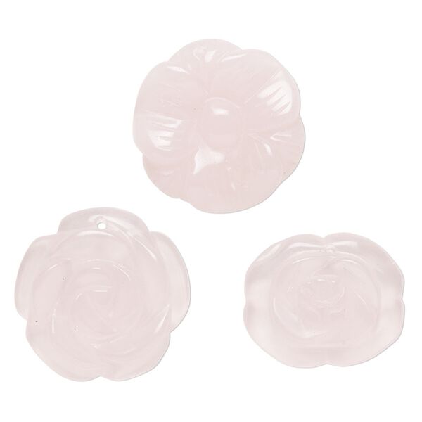 Drop mix, glass, translucent pink, 29x24mm-30x30mm top-drilled carved flower. Sold per pkg of 3. image number 0
