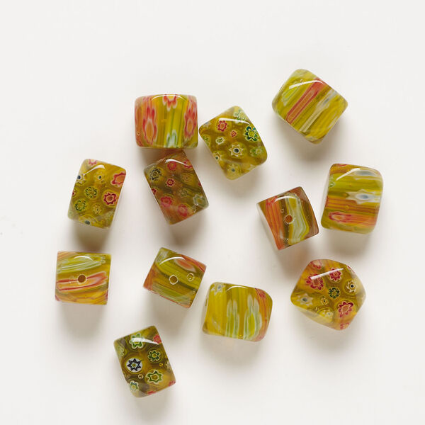 Bead, millefiori glass 1pkg2oz, translucent yellow-golden / yellow / multicolored, 16x10mm-18x13mm 4-sided rectangle. image number 1