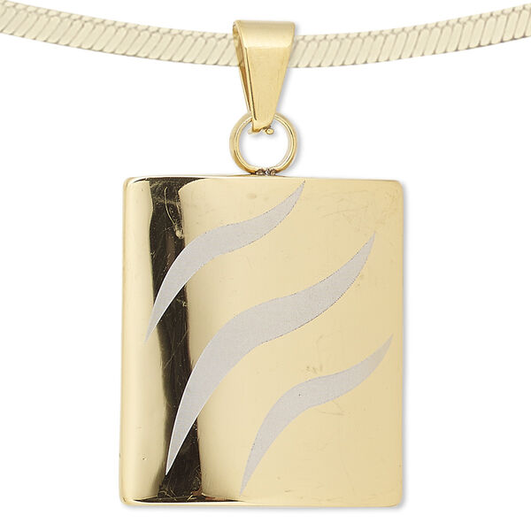 Pendant, gold-finished stainless steel, 35x30mm rectangle with matte stripe design. Sold individually. image number 0