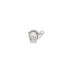 Charm, antiqued sterling silver, 9x8mm 3D mug with snowflake design. Sold individually.