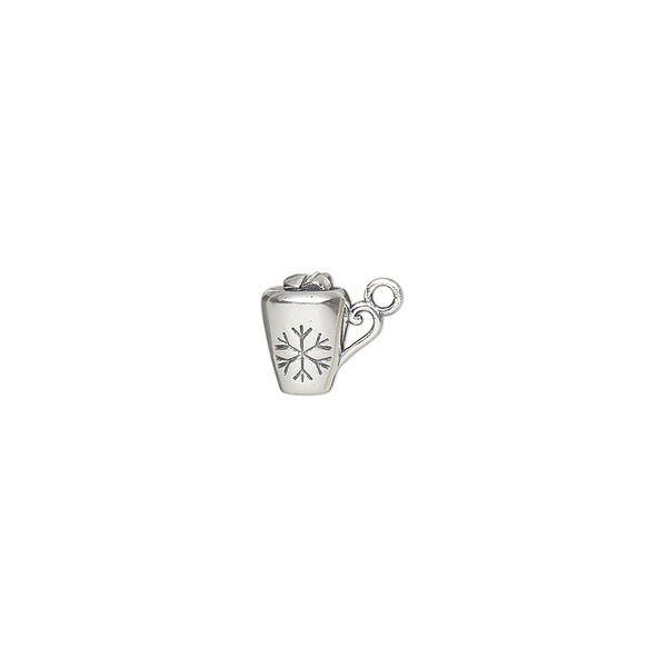 Charm, antiqued sterling silver, 9x8mm 3D mug with snowflake design. Sold individually. image number 0