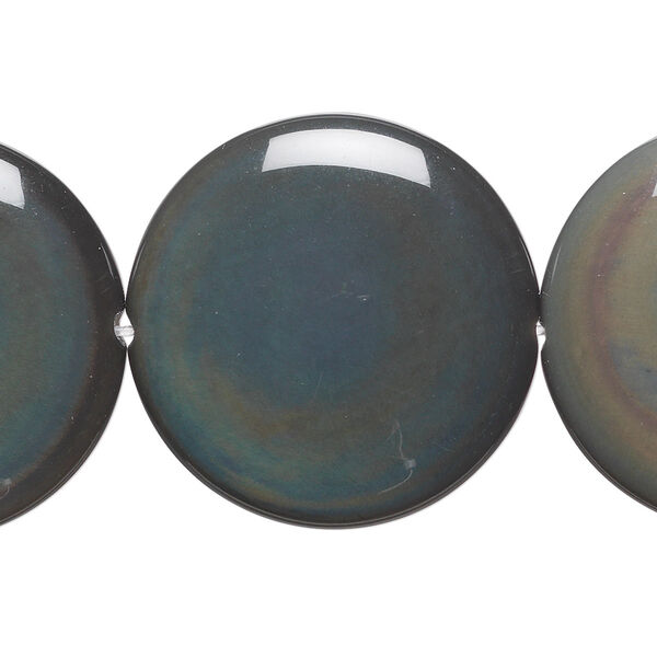 Bead, rainbow obsidian (natural), 30mm flat round, A grade, Mohs hardness 5 to 5-1/2. Sold per 8-inch strand, approximately 5 beads. image number 0