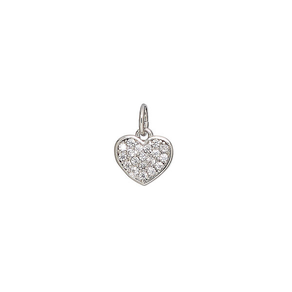Charm, cubic zirconia and silver-finished brass, clear, 9x8mm single-sided flat heart. Sold individually. image number 0