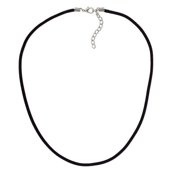 Necklace cord, velveteen with imitation rhodium-finished steel and "pewter" (zinc-based alloy), black, 3mm wide, 16 inches with 1-1/2 inch extender chain and lobster claw clasp. Sold per pkg of 3. image number 0