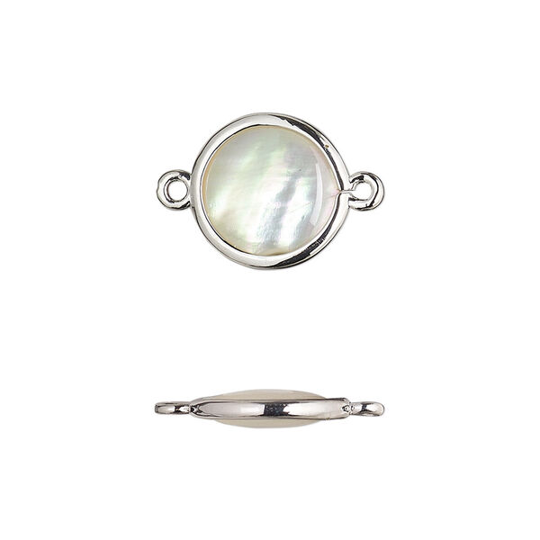 Link, mother-of-pearl shell and imitation rhodium-finished brass (assembled), 12.5mm-13.5mm double-sided round. Sold per pkg of 4. image number 0