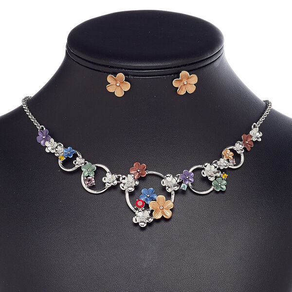 Necklace and earring set, enamel / glass rhinestone / imitation rhodium-finished steel / brass / "pewter" (zinc-based alloy), multicolored, flower, 18-inch necklace with 2-inch extender chain and lobster claw clasp, 14mm earrings with post. Sold per set. image number 0