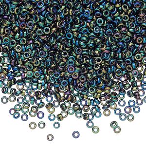 Seed bead, Miyuki, glass, pkg/10g, 2.2x1mm spacer rondelle, opaque metallic iris variegated blue, (SPR2.2-455).