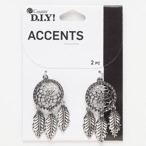 Focal, antique silver-finished "pewter" (zinc-based alloy), 44x22mm dreamcatcher. Sold per pkg of 2.