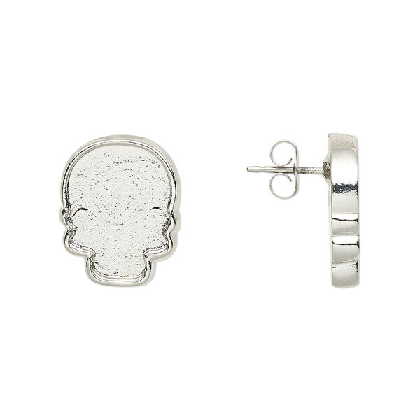 Earstud, Almost Instant Jewelry®, imitation rhodium-plated "pewter" (zinc-based alloy), 16x13mm skull with 14x10.5mm flat back skull glue-in setting. Sold per pair. image number 0