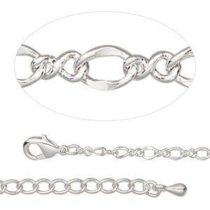 Chain 1pkg1 silver-plated figure 8, 2.7mm / lobster claw clasp, steel / brass 7.5 inch