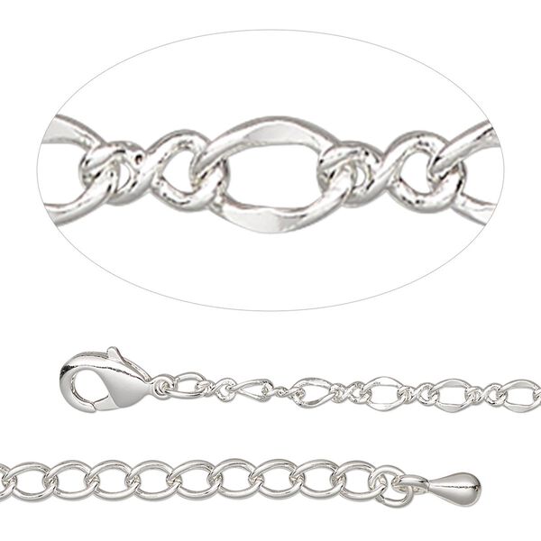 Chain, silver-plated steel and brass, 2.7mm figure 8, 7-1/2 inches with 2-inch extender chain and lobster claw clasp. Sold individually. image number 0