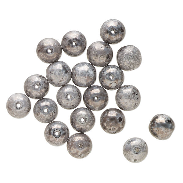 Bead, Czech glass, opaque grey and dark silver travertine, 8mm round. Sold per pkg of 20. image number 0