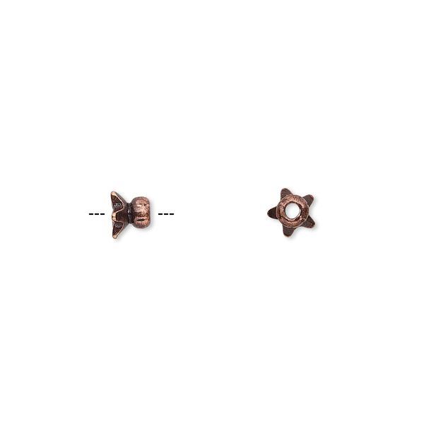 Bead cap, antique copper-finished "pewter" (zinc-based alloy), 4.5x3mm star, fits 4-6mm bead. Sold per pkg of 24. image number 0