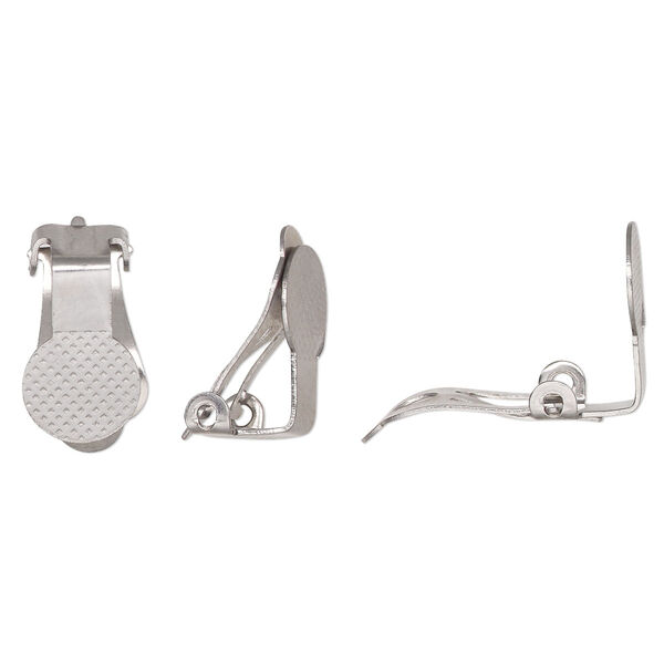 Earring, clip-on, stainless steel, 14.5x9mm with 9mm round flat pad. Sold per pair. image number 0