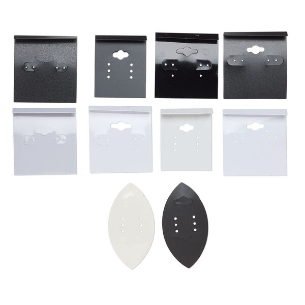 Earring card mix, PVC plastic and paper, assorted color and print, 2x1-1/2 to 2x2 inch squares and 2-3/4 x 1-1/2 inch marquise. Sold per pkg of 100. image number 1