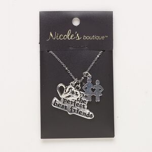Necklace, antique silver-finished "pewter" (zinc-based alloy) and steel, 33x20mm double heart and two sisters with "sisters are the perfect best friends," 24 inches with 2-inch extender chain and lobster claw clasp. Sold individually.
