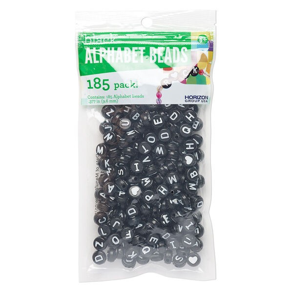 Bead mix, plastic, opaque black and white, 10mm flat round with double-sided alphabet letters and hearts. Sold per pkg of 185. image number 0