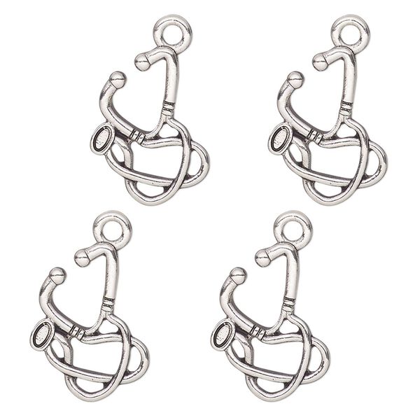 Charm, antique silver-finished "pewter" (zinc alloy), 17x13mm single-sided stethoscope. Sold per pkg of 4. image number 0