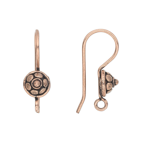 Ear wire, antique copper-plated copper, 25mm fishhook with 8mm shield and open loop, 18 gauge. Sold per pkg of 5 pairs. image number 0