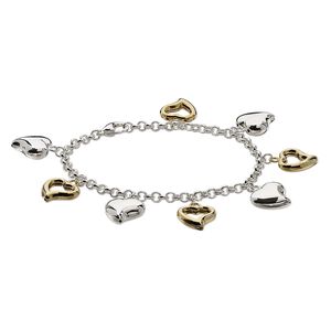 Bracelet, gold- / silver-plated steel / brass, 14mm puffed and open heart, 7 inches with lobster claw clasp. Sold individually.