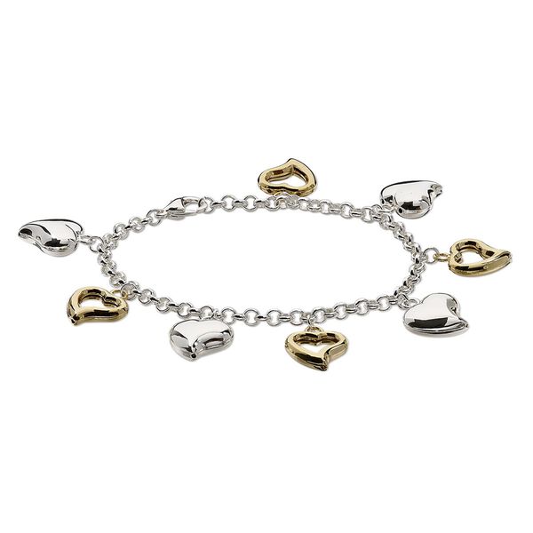 Bracelet, gold- / silver-plated steel / brass, 14mm puffed and open heart, 7 inches with lobster claw clasp. Sold individually. image number 0