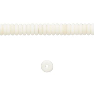 Bead, bone (bleached), white, 5x2mm rondelle, Mohs hardness 2-1/2. Sold per 15-1/2" to 16" strand.