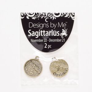 "Pewter" (zinc-based alloy) / enamel 1pkg2, 2-sided round charm / Sagittarius / "Optimist" antique gold finish / black 18mm