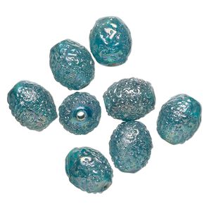Bead, lampworked glass, translucent teal blue AB, 15x12mm textured oval. Sold per pkg of 8.