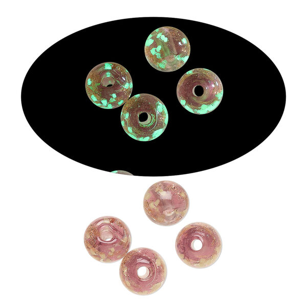 Bead, lampworked glass, clear / purple / glow-in-the-dark / gold, 8mm round. Sold per pkg of 6. image number 0
