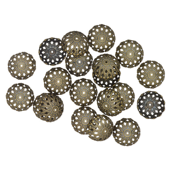 Bead cap, antique brass-finished "pewter" (zinc-based alloy), 17mm fancy dome with cutouts, fits 16-18mm beads. Sold per pkg of 20. image number 0
