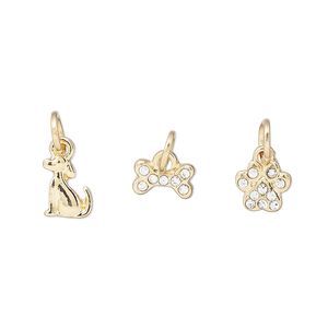 Charm assortment, gold-finished "pewter" (zinc-based alloy) and glass rhinestone, clear, 8x7mm paw print / 8x6mm dog / 8x5mm dog bone. Sold per 3-piece set.