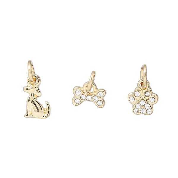 Charm assortment, gold-finished "pewter" (zinc-based alloy) and glass rhinestone, clear, 8x7mm paw print / 8x6mm dog / 8x5mm dog bone. Sold per 3-piece set. image number 0